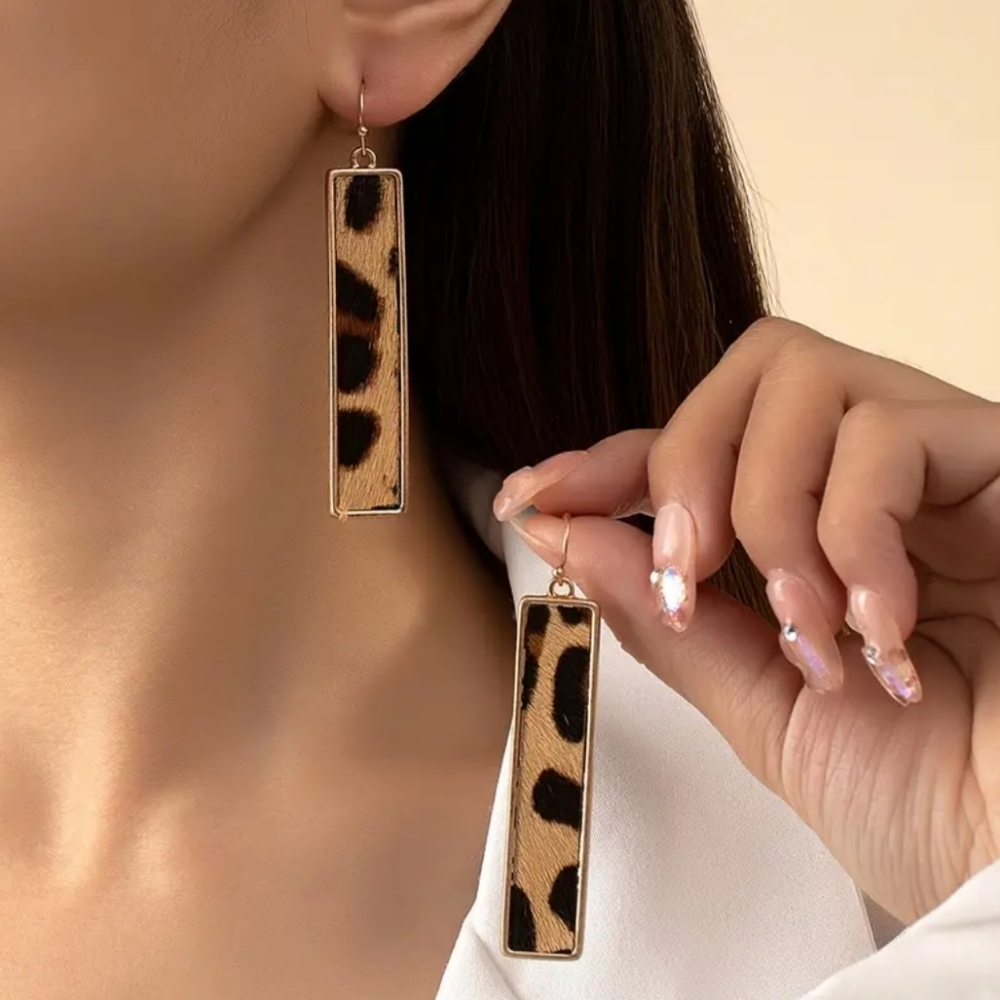 NEW Leopard Animal Print Faux Fur Rectangular Drop Dangling  Earrings-(#0153)‎